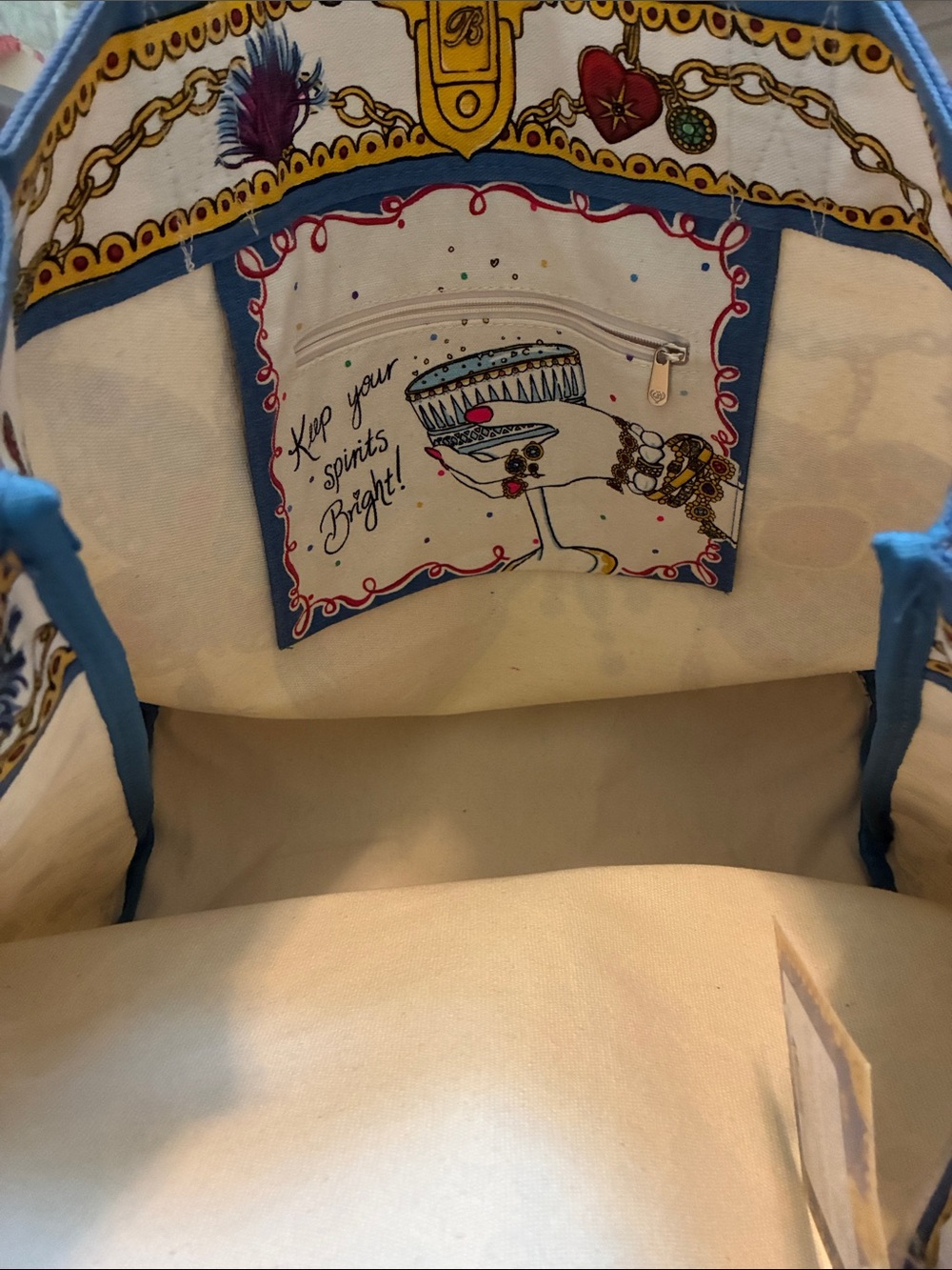Brighton Cream Tote with Blue Straps and Multicolor Jewel Motifs - Picture 3 of 6